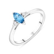 18ct White Gold Blue Topaz Diamond Marquise Three Stone Ring TVN-395