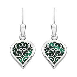 18ct White Gold Malachite Flore Filigree Heart Drop Earrings. E2588.