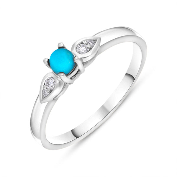18ct White Gold Turquoise 0.07ct Diamond Shoulder Ring, R1013.
