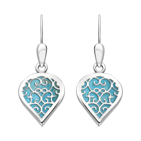 18ct White Gold Turquoise Flore Filigree Heart Drop Earrings. E2588.