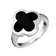 Sterling Silver Whitby Jet Bloom Four Leaf Clover Ring