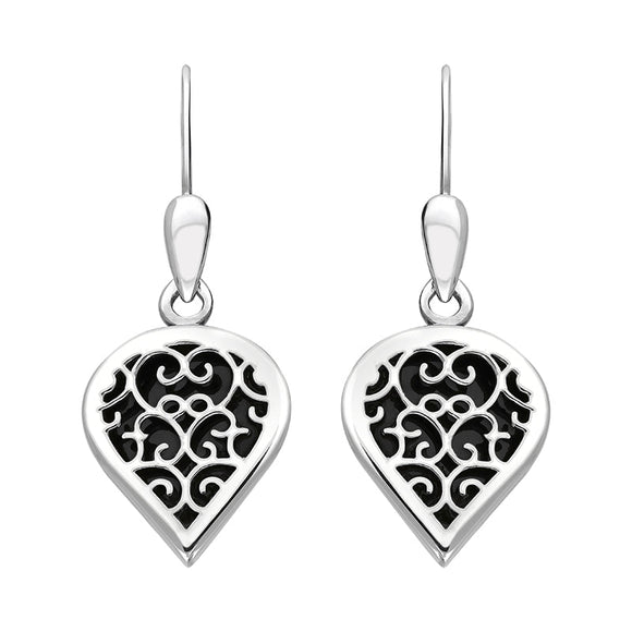 18ct White Gold Whitby Jet Flore Filigree Heart Drop Earrings. E2588.