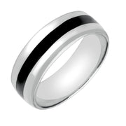 18ct White Gold Whitby Jet Inlaid Wide Band Ring. R358.