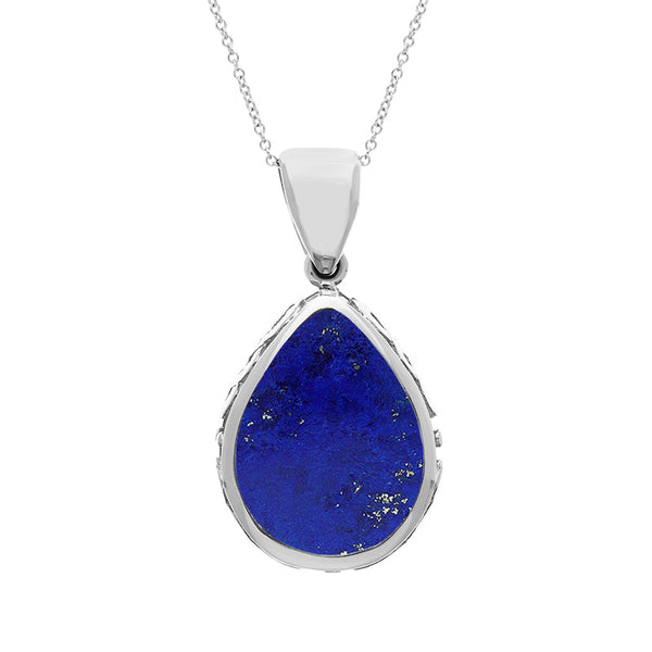 18ct White Gold Whitby Jet Lapis Lazuli Double Sided Celtic Edge Pear Cut Fob Necklace, P410.