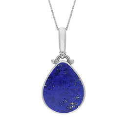 18ct White Gold Whitby Jet Lapis Lazuli Double Sided Pear Fob Necklace, P056.