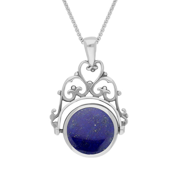 18ct White Gold Whitby Jet Lapis Lazuli Double Sided Round Swivel Fob Necklace, P110_2.
