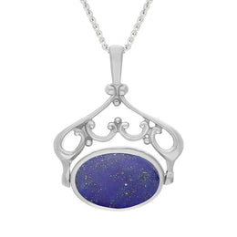 18ct White Gold Whitby Jet Lapis Lazuli Ornate Double Sided Oval Swivel Fob Necklace, P116_8.