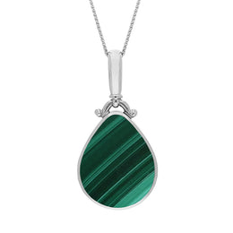 18ct White Gold Whitby Jet Malachite Double Sided Pear Fob Necklace, P056.