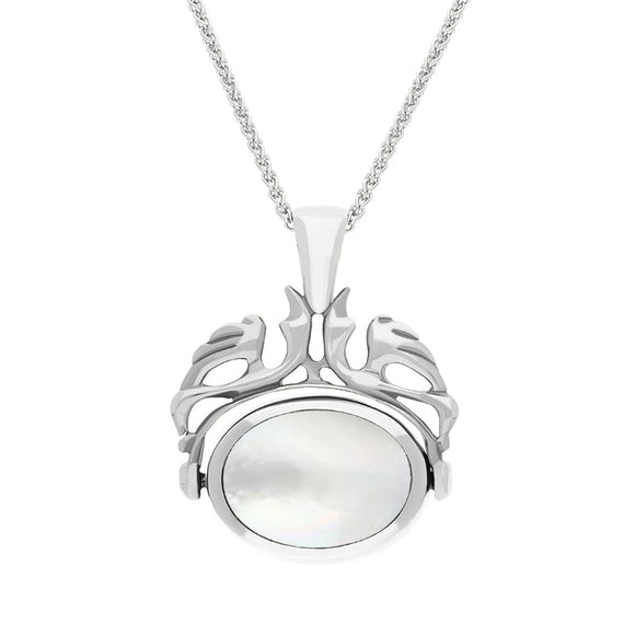 18ct White Gold Whitby Jet Mother Of Pearl Double Sided Oval Swivel Fob Necklace, P104_4.
