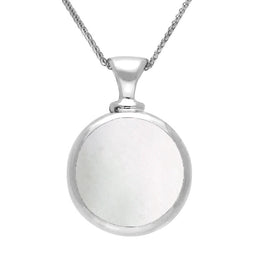18ct White Gold Whitby Jet White Mother Of Pearl Double Sided Round Dinky Fob Necklace, P218.