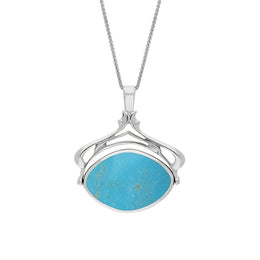 18ct White Gold Whitby Jet Turquoise Marquise Swivel Fob Necklace, P115_10.