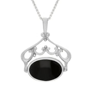 18ct White Gold Whitby Jet Turquoise Ornate Double Sided Oval Swivel Fob Necklace, P116_8_2.