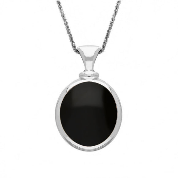 18ct White Gold Whitby Jet Turquoise Small Double Sided Oval Fob Necklace, P219_2.