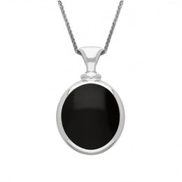 18ct White Gold Whitby Jet Turquoise Small Double Sided Oval Fob Necklace, P219_2.