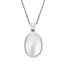 18ct White Gold Whitby Jet White Mother Of Pearl Small Double Sided Fob Necklace, P832.