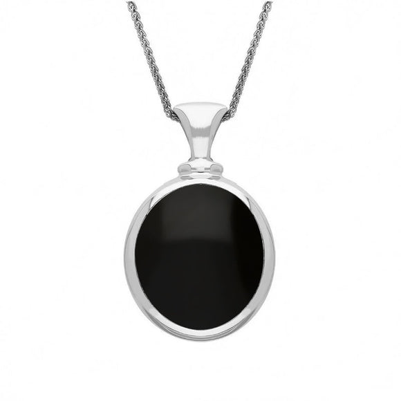 18ct White Gold Whitby Jet White Mother Of Pearl Small Double Sided Oval Fob Necklace, P219.