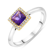 18ct White Yellow Gold Amethyst Diamond Square Cluster Ring TVN-400