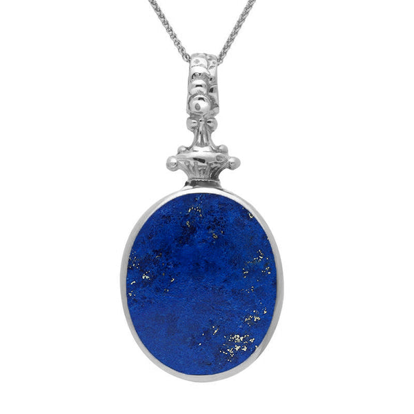 18ct White Gold Whitby Jet Lapis Lazuli Double Sided Oval Fob Necklace, P100.