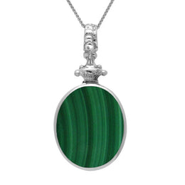 18ct White Gold Whitby Jet Malachite Double Sided Oval Fob Necklace, P100.