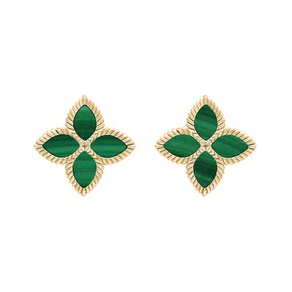 18ct Yellow Gold Malachite Bloom Flower Ball Edge Stud Earrings E2602