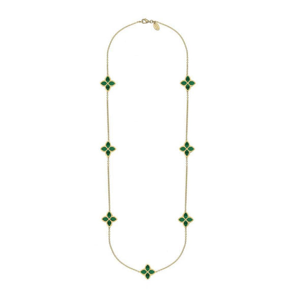 18ct Yellow Gold Malachite Bloom Long Flower Ball Edge Necklace, N1157