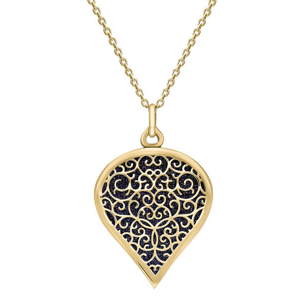 18ct Yellow Gold Blue Goldstone Flore Filigree Large Heart Necklace. P3631.