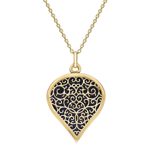 18ct Yellow Gold Blue Goldstone Flore Filigree Large Heart Necklace. P3631.
