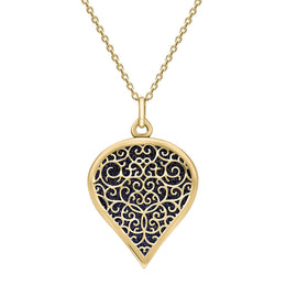 18ct Yellow Gold Blue Goldstone Flore Filigree Large Heart Necklace. P3631.