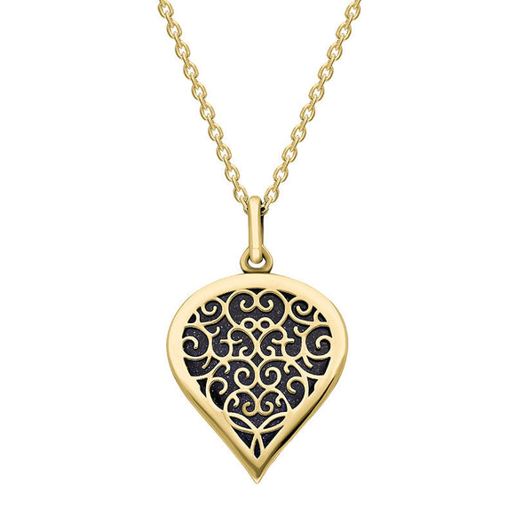 18ct Yellow Gold Blue Goldstone Flore Filigree Medium Heart Necklace. P3630.