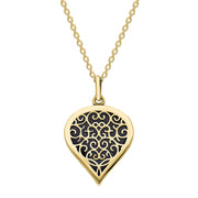 18ct Yellow Gold Blue Goldstone Flore Filigree Medium Heart Necklace. P3630.