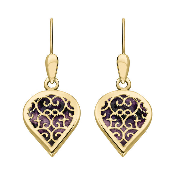 18ct Yellow Gold Blue John Flore Filigree Heart Drop Earrings. E2588.