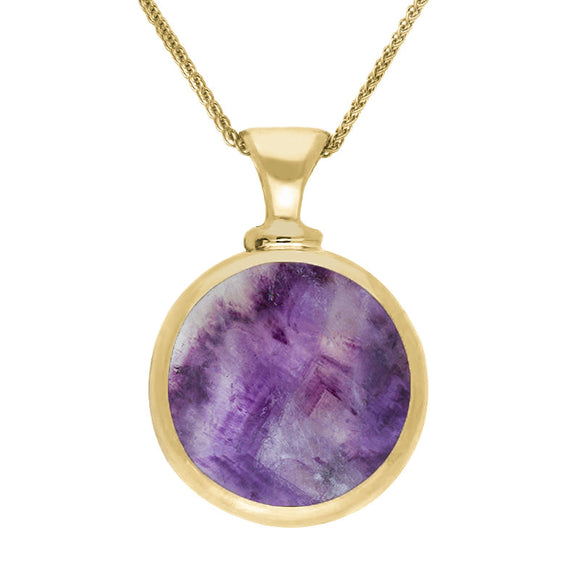 18ct Yellow Gold Blue John White Mother Of Pearl Double Sided Round Dinky Fob Necklace, P218.