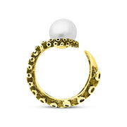 18ct Yellow Gold Freshwater Pearl Bead Swirl Tentacle Ring