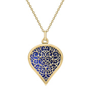 18ct Yellow Gold Lapis Lazuli Flore Filigree Large Heart Necklace. P3631.