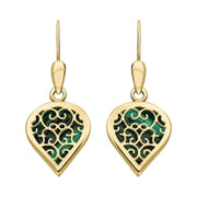 18ct Yellow Gold Malachite Flore Filigree Heart Drop Earrings. E2588.