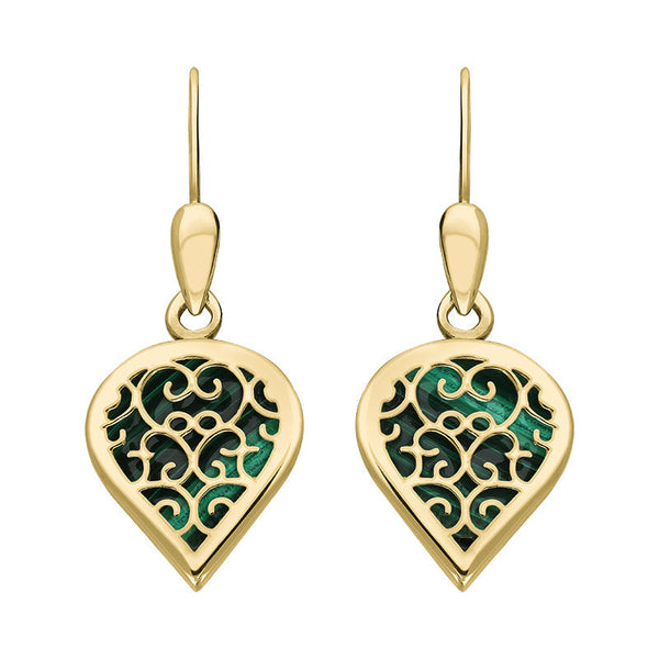 18ct Yellow Gold Malachite Flore Filigree Heart Drop Earrings. E2588.