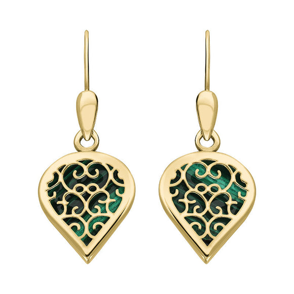 18ct Yellow Gold Malachite Flore Filigree Heart Drop Earrings. E2588.