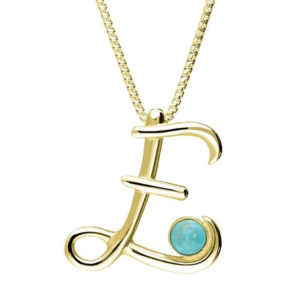18ct Yellow Gold Turquoise Love Letters Initial E Necklace, P3452.