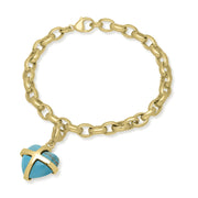 18ct Yellow Gold Turquoise Medium Cross Heart Charm Bracelet, B1210