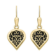18ct Yellow Gold Whitby Jet Flore Filigree Heart Drop Earrings. E2588.