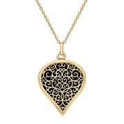 18ct Yellow Gold Whitby Jet Flore Filigree Large Heart Necklace. P3631.