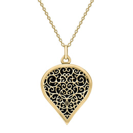 18ct Yellow Gold Whitby Jet Flore Filigree Large Heart Necklace. P3631.
