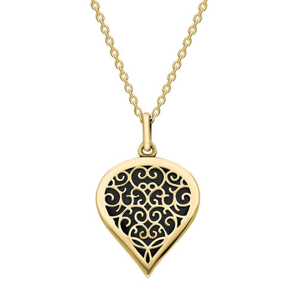 18ct Yellow Gold Whitby Jet Flore Filigree Medium Heart Necklace. P3630.