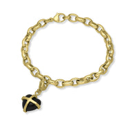 18ct Yellow Gold Whitby Jet Small Cross Heart Charm Bracelet, B1209