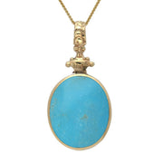 18ct Yellow Gold Whitby Jet Turquoise Double Sided Oval Fob Necklace, P100.