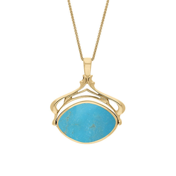 18ct Yellow Gold Whitby Jet Turquoise Marquise Swivel Fob Necklace, P115_10.