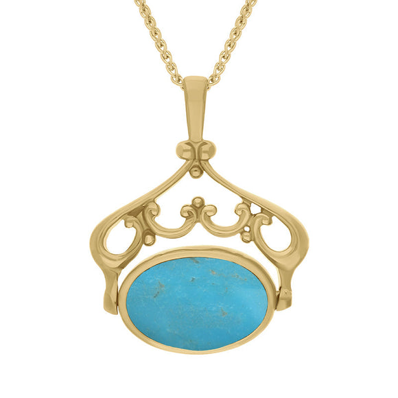 18ct Yellow Gold Whitby Jet Turquoise Ornate Double Sided Oval Swivel Fob Necklace, P116_8.