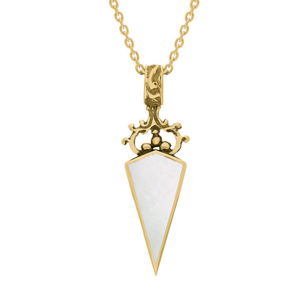 18ct Yellow Gold Whitby Jet White Mother Of Pearl Double Sided Scroll Top Dagger Fob Necklace, P423.