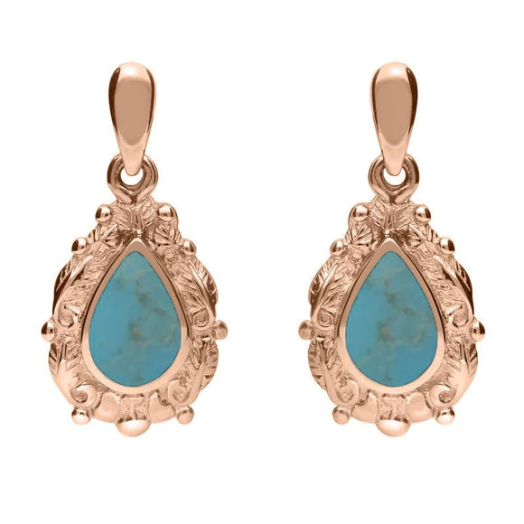 18ct Rose Gold Turquoise Pear Shaped Leaf Drop Earrings, E083.