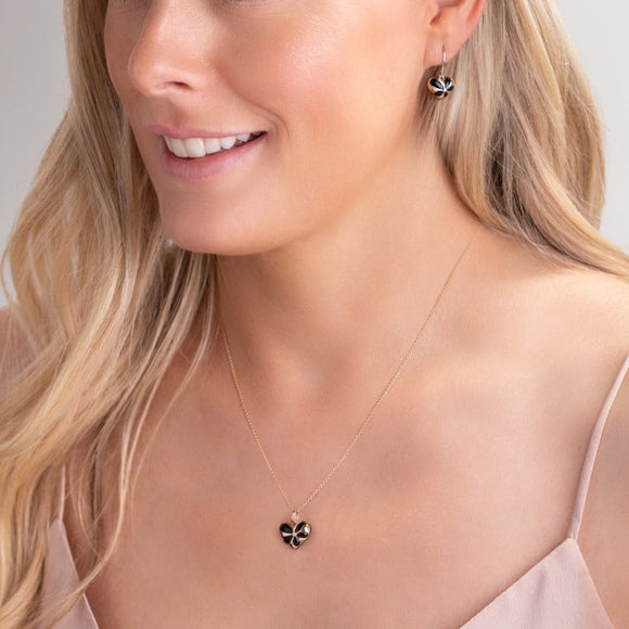 18ct Rose Gold Whitby Jet 0.01ct Diamond Heart Drop Earrings, E2051.